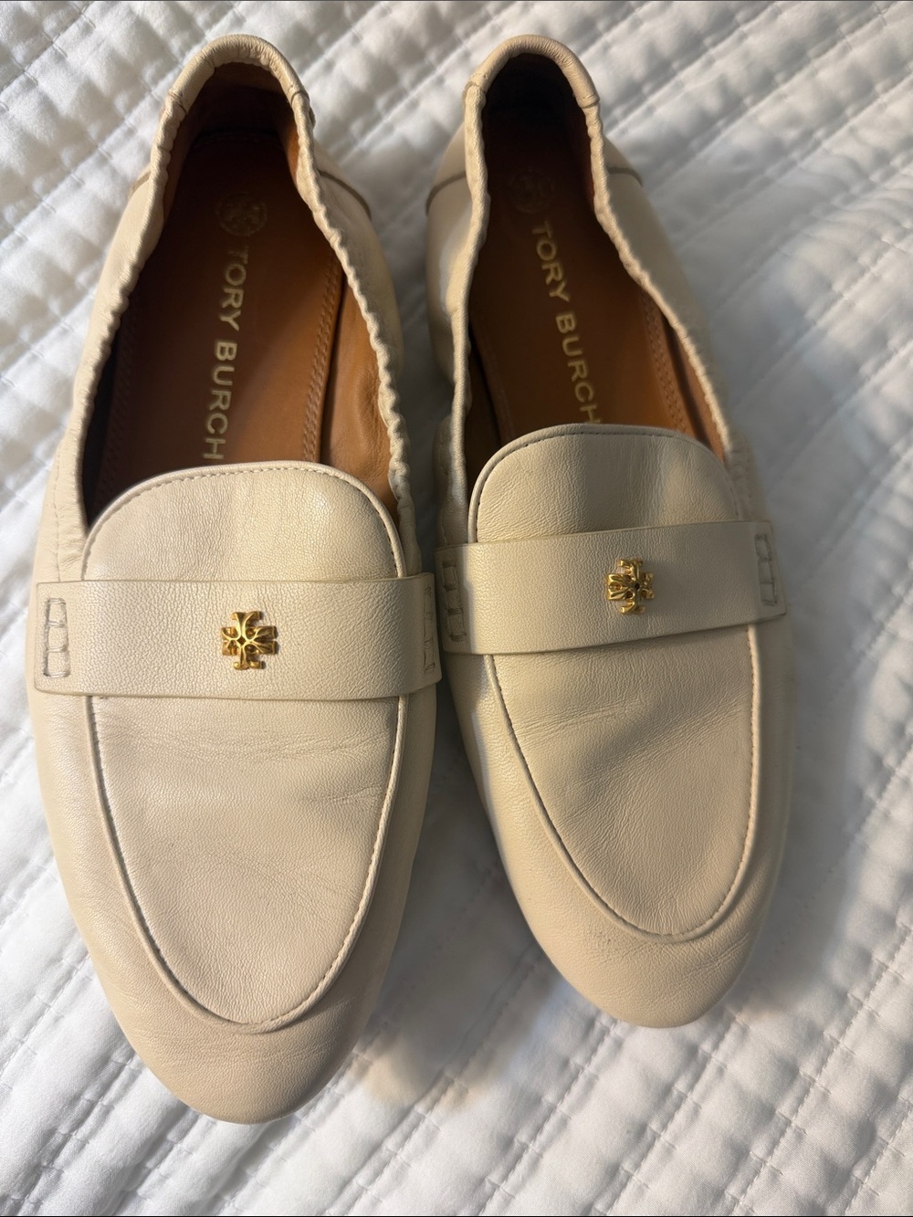 Tory Burch Cream Leather Logo Penny Loafers